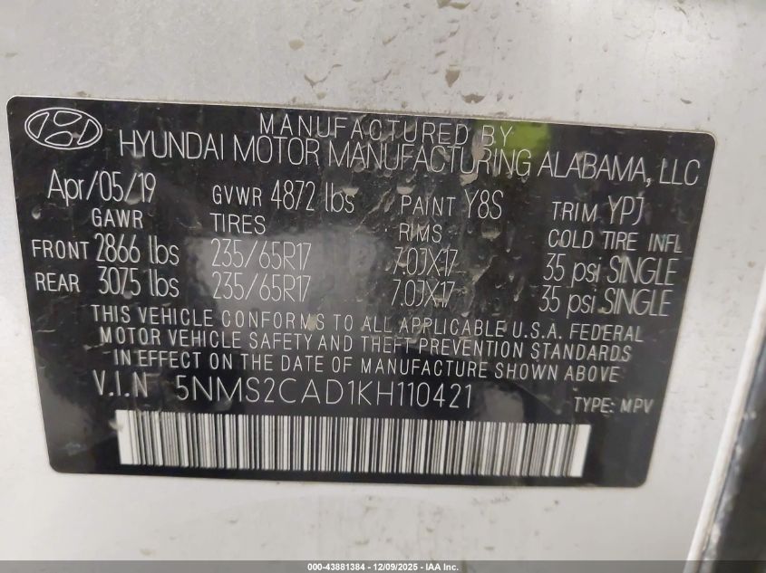 2019 Hyundai Santa Fe Se VIN: 5NMS2CAD1KH110421 Lot: 43881384