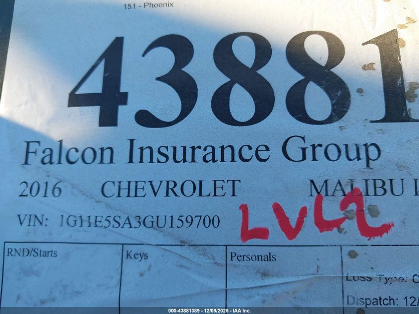 2016 Chevrolet Malibu Limited Ltz VIN: 1G11E5SA3GU159700 Lot: 43881389