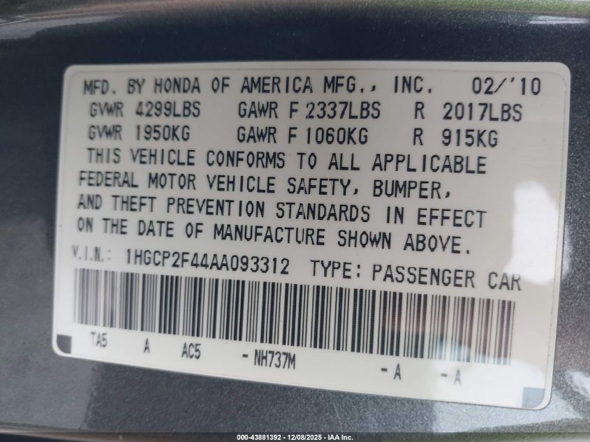 2010 Honda Accord 2.4 Lx-P VIN: 1HGCP2F44AA093312 Lot: 43881392