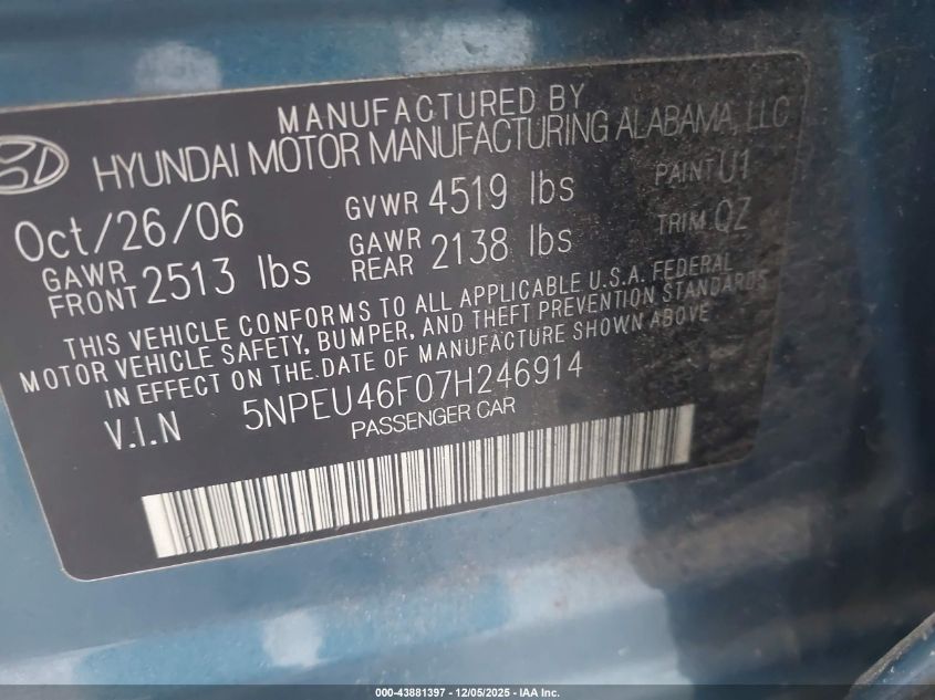 2007 Hyundai Sonata Limited/Se V6 VIN: 5NPEU46F07H246914 Lot: 43881397