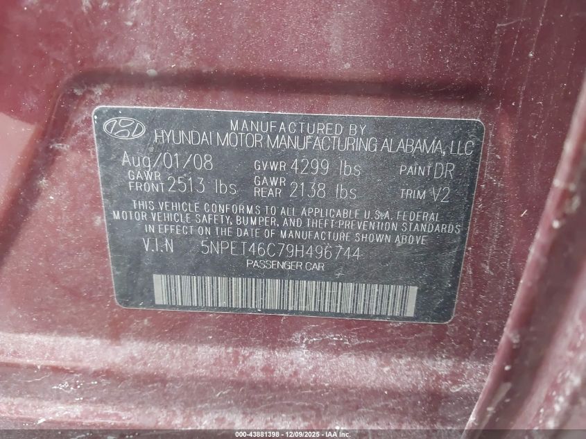 2009 Hyundai Sonata Gls VIN: 5NPET46C79H496744 Lot: 43881398