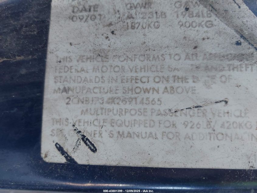 2002 Chevrolet Tracker Hard Top Zr2 VIN: 2CNBJ734X26914565 Lot: 43881399