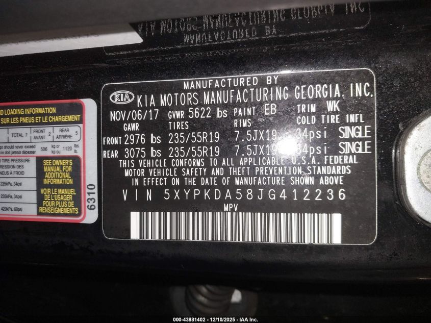 2018 Kia Sorento 3.3L Sx VIN: 5XYPKDA58JG412236 Lot: 43881402