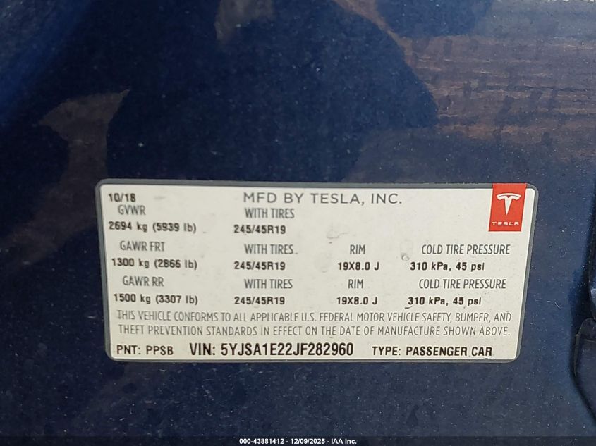 2018 Tesla Model S 100D/75D/P100D VIN: 5YJSA1E22JF282960 Lot: 43881412