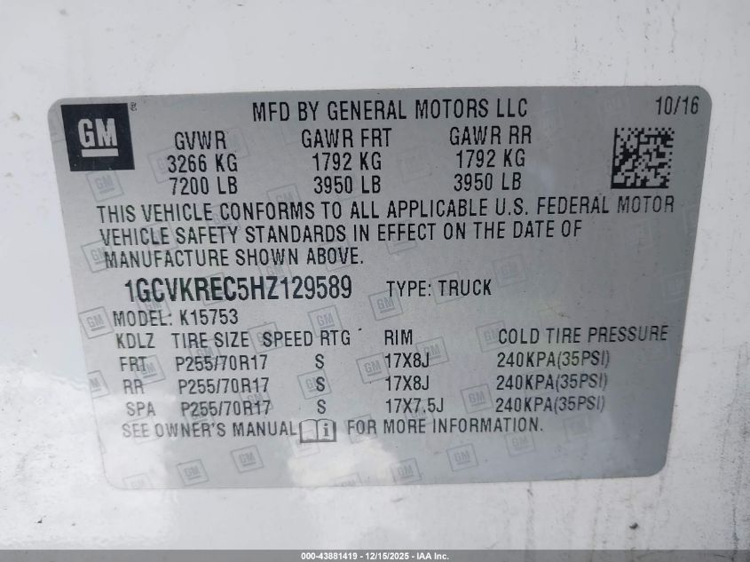 2017 Chevrolet Silverado 1500 1Lt VIN: 1GCVKREC5HZ129589 Lot: 43881419