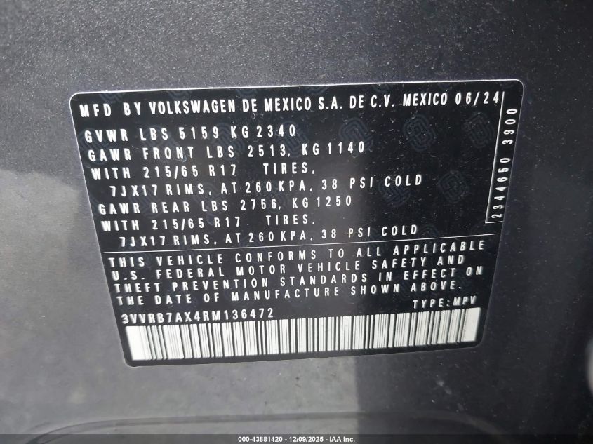 2024 Volkswagen Tiguan 2.0T S VIN: 3VVRB7AX4RM136472 Lot: 43881420