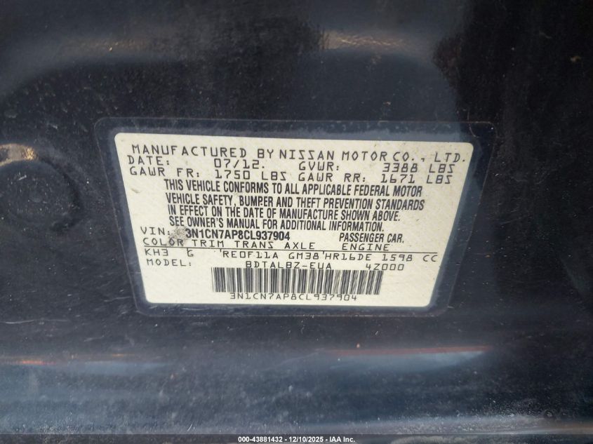 2012 Nissan Versa 1.6 Sv VIN: 3N1CN7AP8CL937904 Lot: 43881432