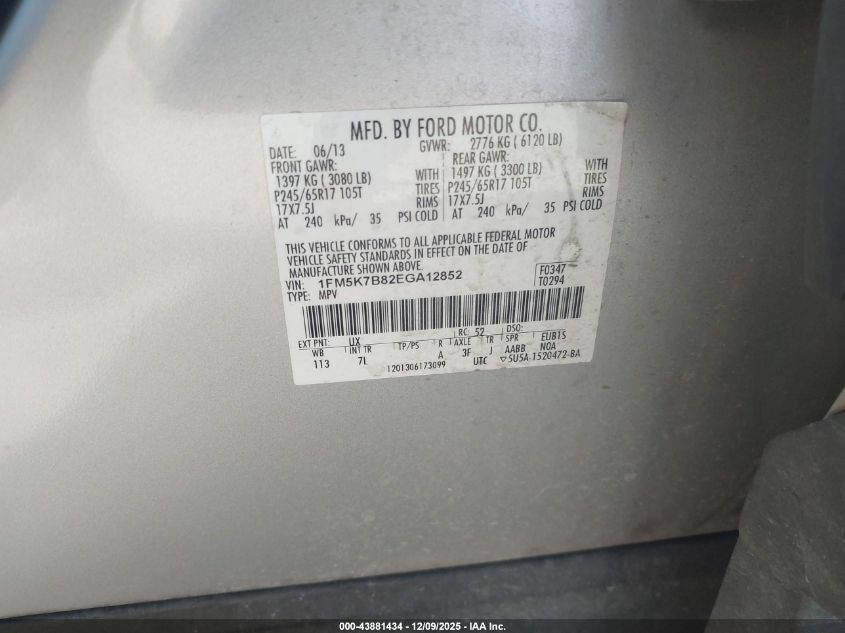 2014 Ford Explorer VIN: 1FM5K7B82EGA12852 Lot: 43881434