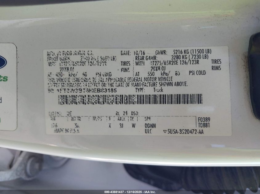 2017 Ford F-350 Lariat VIN: 1FT8W3BT6HEB83185 Lot: 43881437