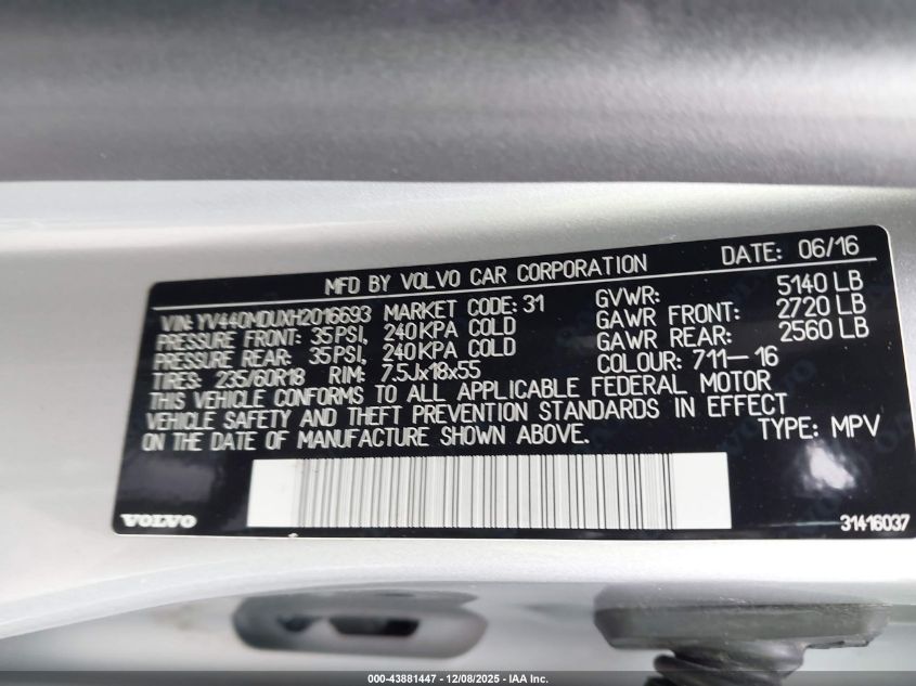 2017 Volvo Xc60 T5 Inscription VIN: YV440MDUXH2016693 Lot: 43881447