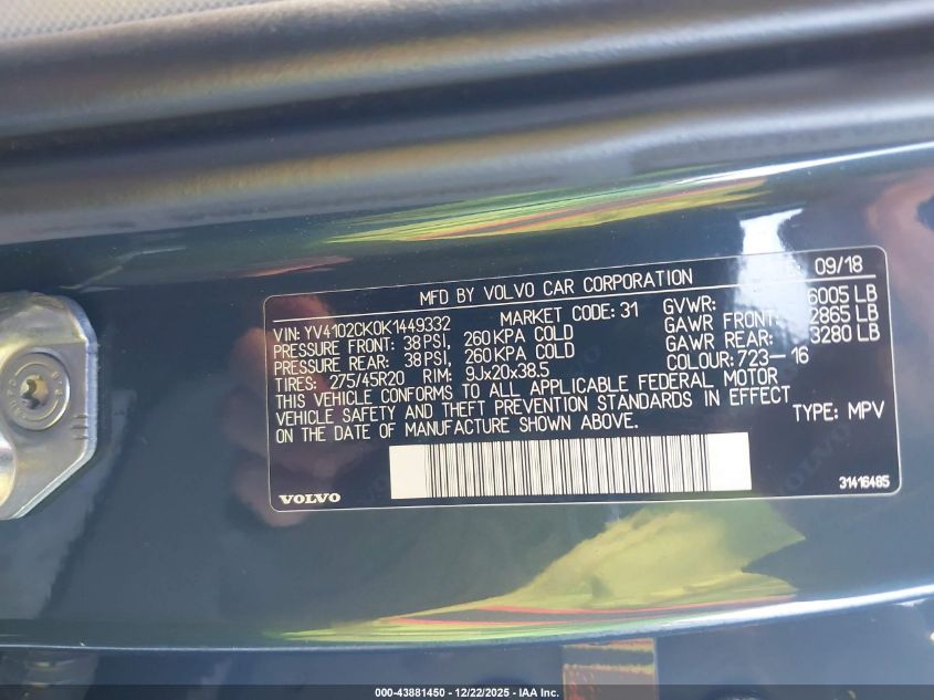 2019 Volvo Xc90 T5 Momentum VIN: YV4102CK0K1449332 Lot: 43881450