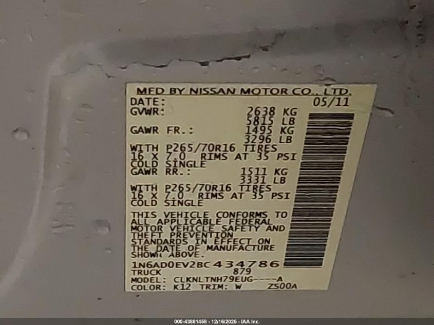 2011 Nissan Frontier Sv VIN: 1N6AD0EV2BC434786 Lot: 43881458