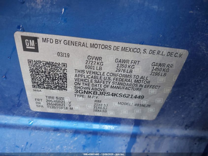 2019 Chevrolet Blazer Rs VIN: 3GNKBJRS4KS621449 Lot: 43881460