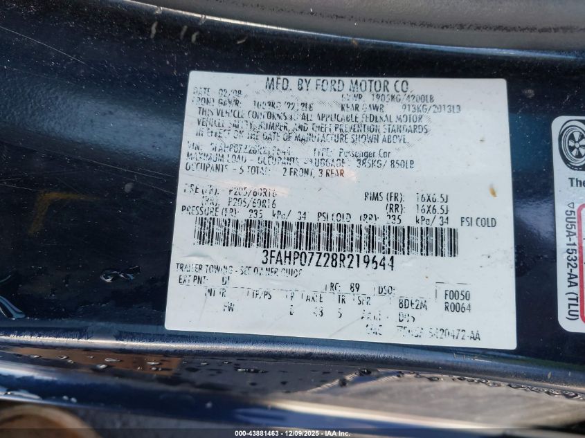 2008 Ford Fusion Se VIN: 3FAHP07Z28R219644 Lot: 43881463