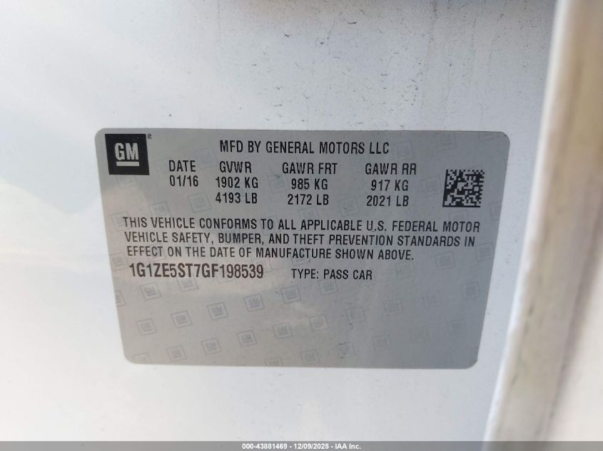 2016 Chevrolet Malibu 1Lt VIN: 1G1ZE5ST7GF198539 Lot: 43881469