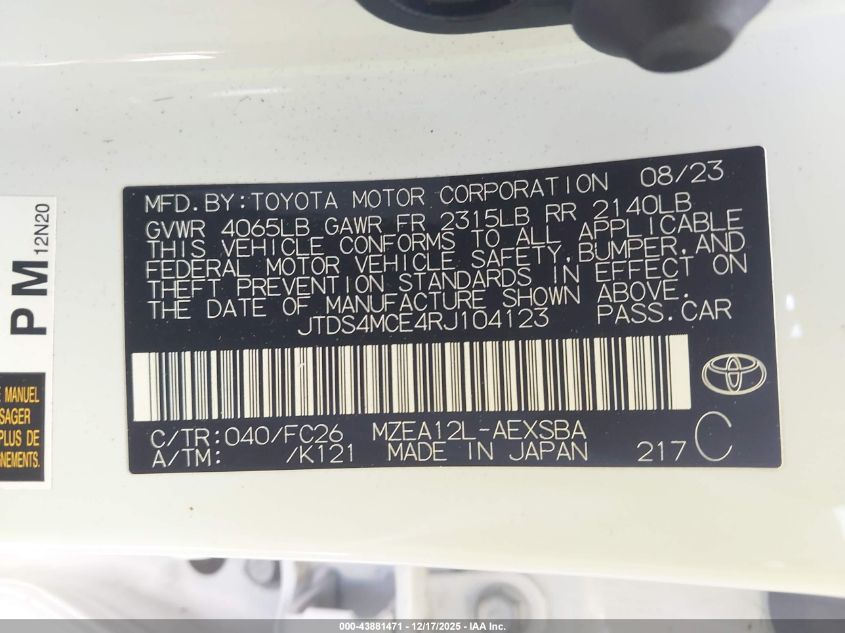 2024 Toyota Corolla Se VIN: JTDS4MCE4RJ104123 Lot: 43881471