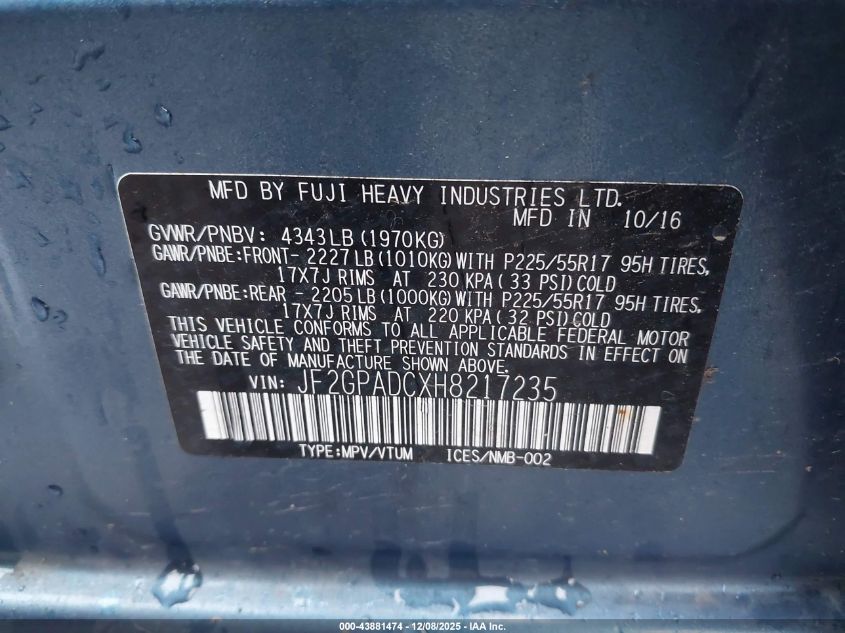 2017 Subaru Crosstrek 2.0I Premium VIN: JF2GPADCXH8217235 Lot: 43881474