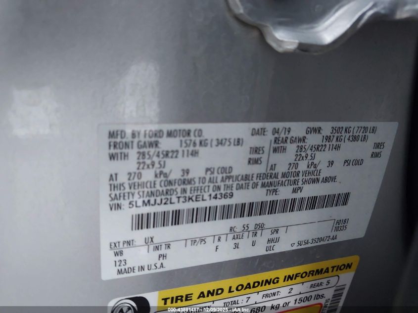 2019 Lincoln Navigator Reserve VIN: 5LMJJ2LT3KEL14369 Lot: 43881487