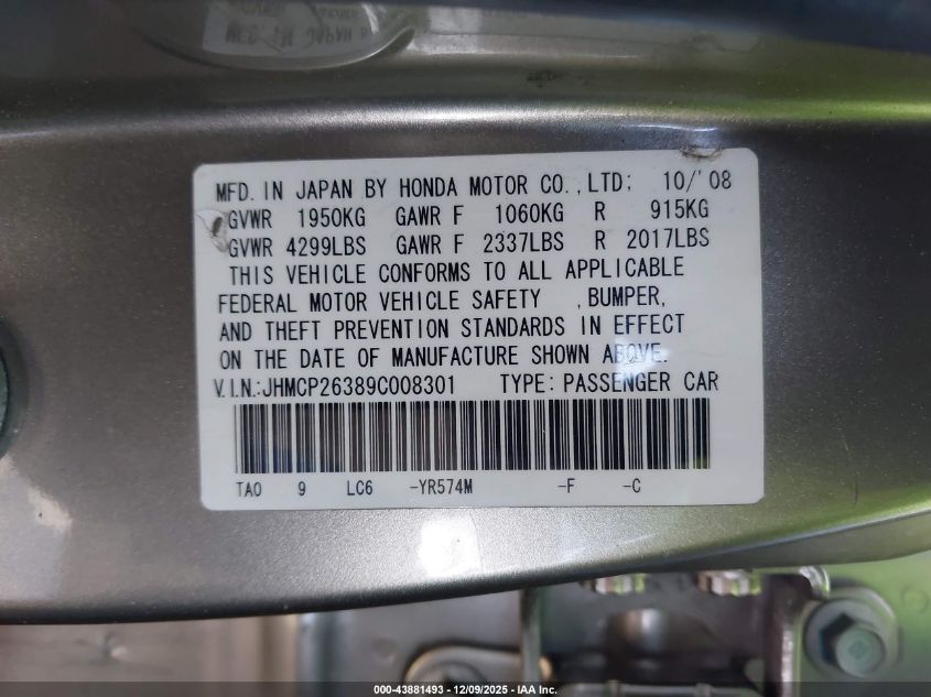 2009 Honda Accord 2.4 Lx VIN: JHMCP26389C008301 Lot: 43881493