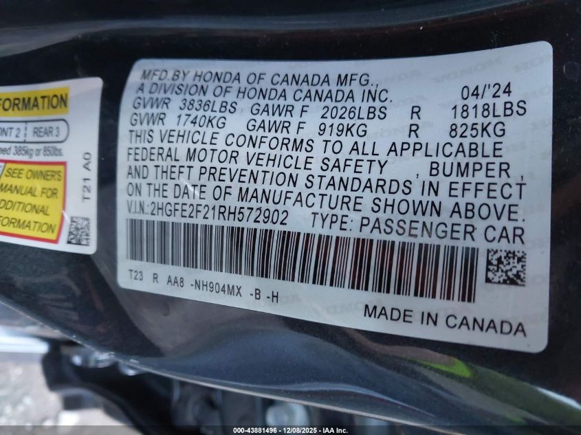 2024 Honda Civic Lx VIN: 2HGFE2F21RH572902 Lot: 43881496