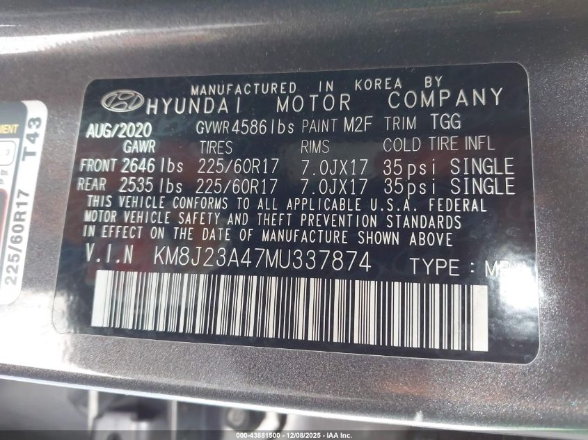 2021 Hyundai Tucson Se VIN: KM8J23A47MU337874 Lot: 43881500