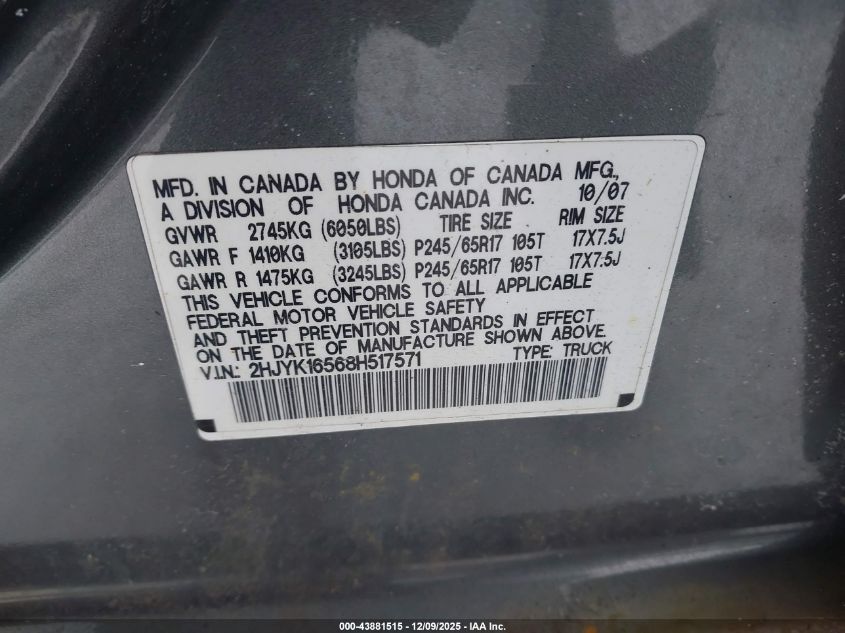 2008 Honda Ridgeline Rtl VIN: 2HJYK16568H517571 Lot: 43881515