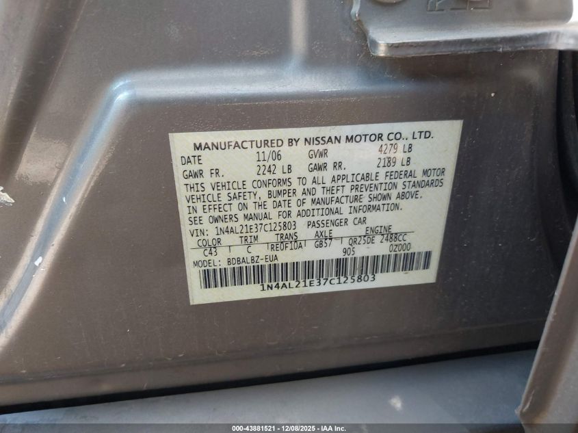2007 Nissan Altima 2.5 S VIN: 1N4AL21E37C125803 Lot: 43881521