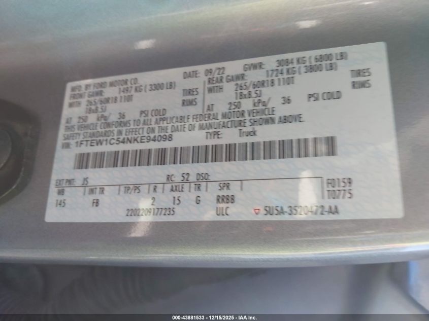 2022 Ford F-150 Xlt VIN: 1FTEW1C54NKE94098 Lot: 43881533