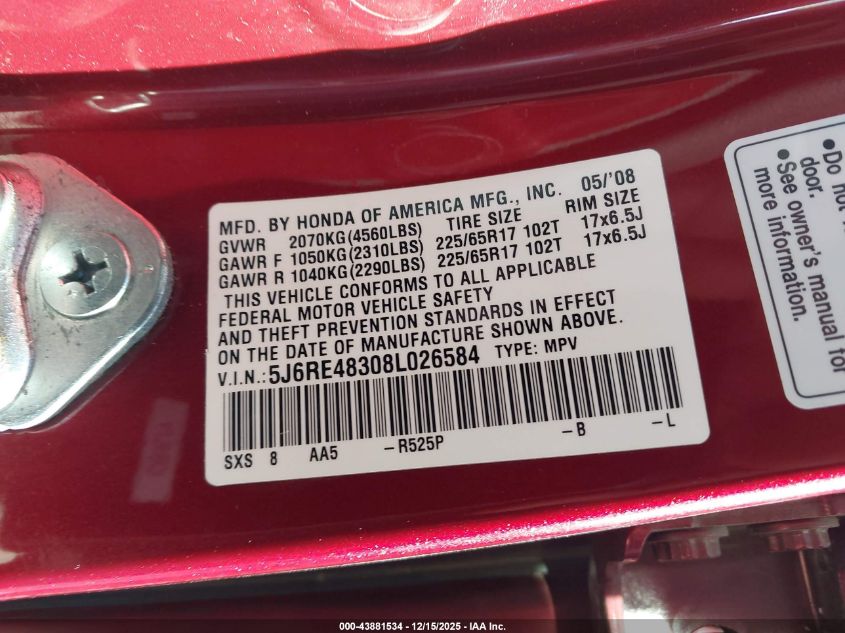 2008 Honda Cr-V Lx VIN: 5J6RE48308L026584 Lot: 43881534