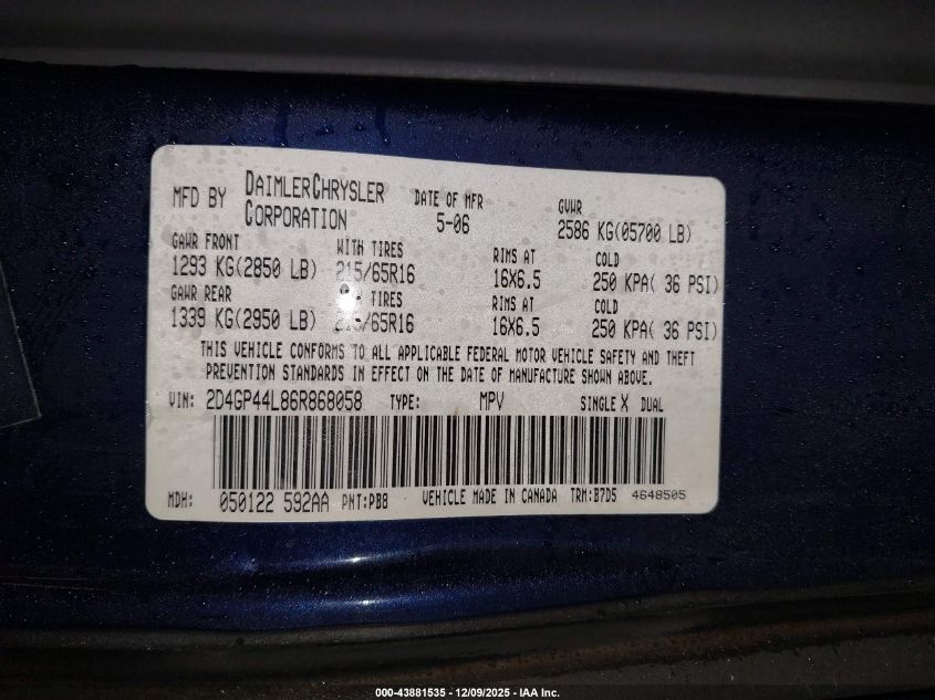 2006 Dodge Grand Caravan Sxt VIN: 2D4GP44L86R868058 Lot: 43881535