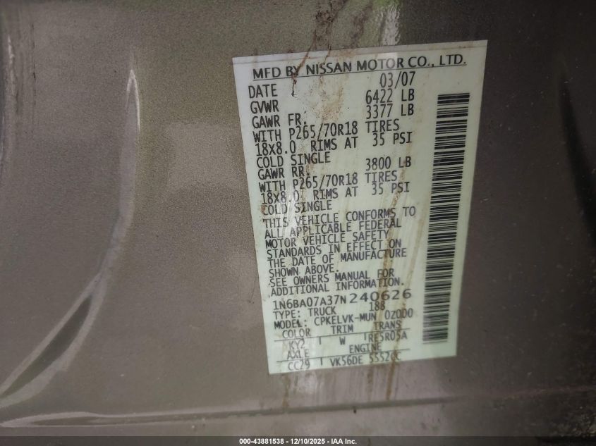 2007 Nissan Titan Le VIN: 1N6BA07A37N240626 Lot: 43881538