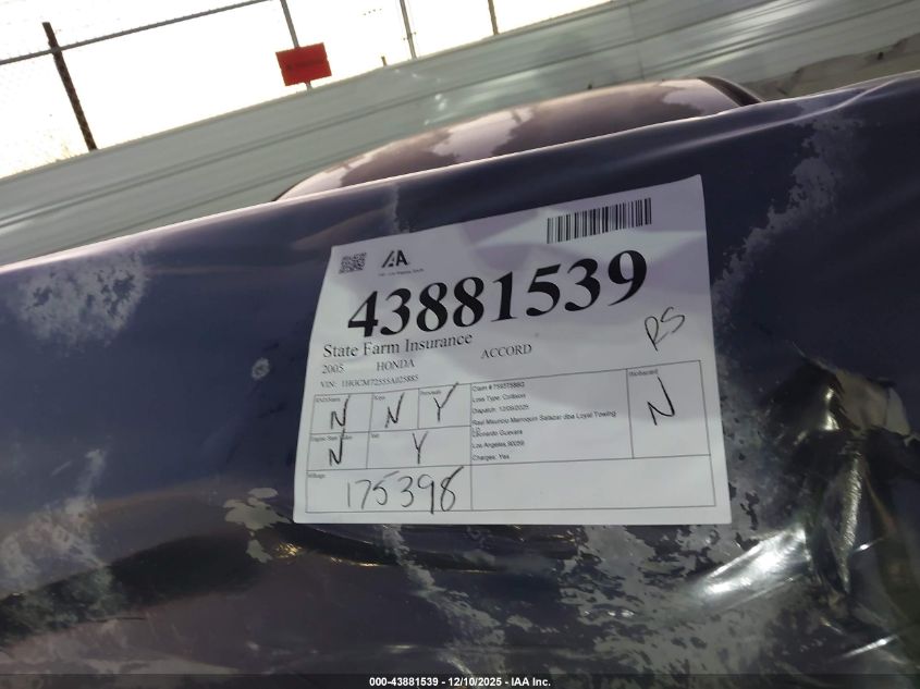 2005 Honda Accord 2.4 Lx Special Edition VIN: 1HGCM72555A025885 Lot: 43881539