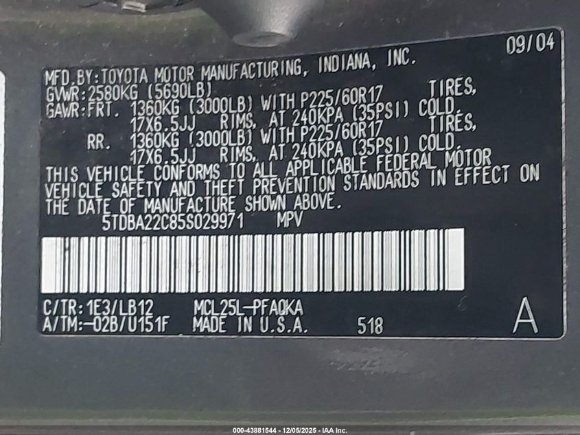 2005 Toyota Sienna Xle VIN: 5TDBA22C85S029971 Lot: 43881544