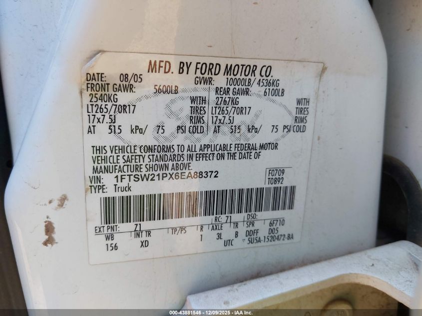 2006 Ford F-250 Lariat/Xl/Xlt VIN: 1FTSW21PX6EA88372 Lot: 43881546