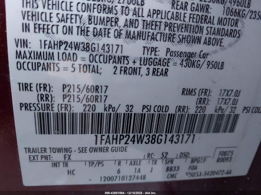 2008 Ford Taurus Sel VIN: 1FAHP24W38G143171 Lot: 43881564