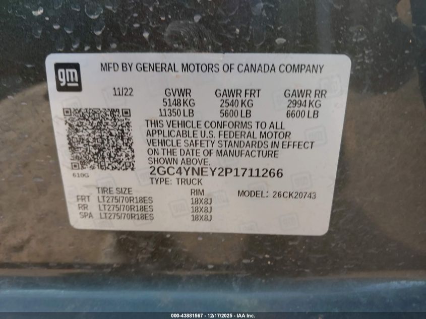 2023 Chevrolet Silverado 2500Hd 4Wd Standard Bed Lt VIN: 2GC4YNEY2P1711266 Lot: 43881567