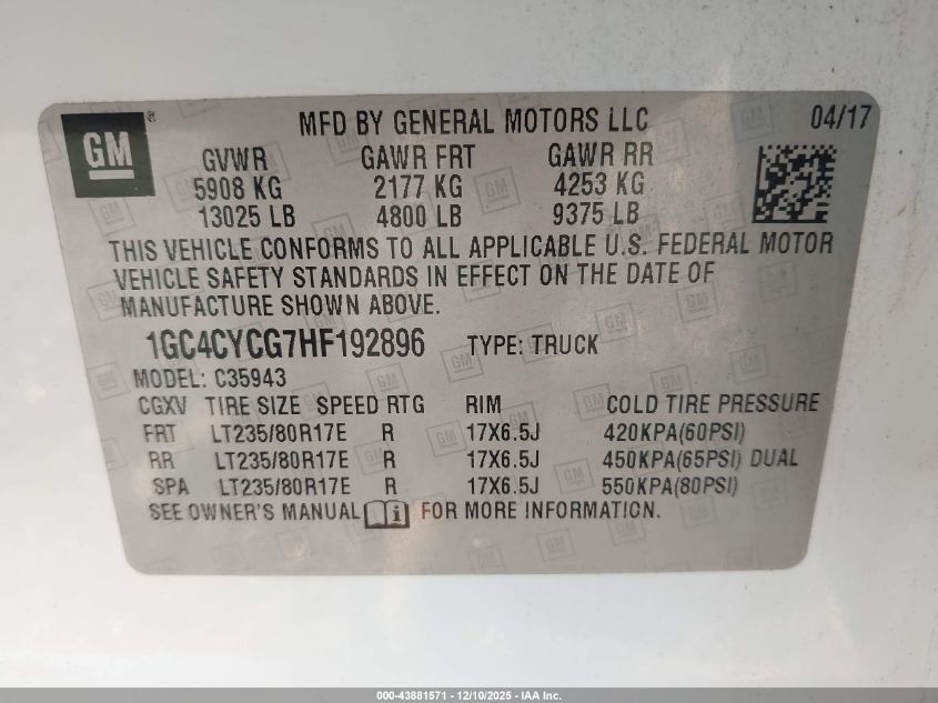 2017 Chevrolet Silverado 3500Hd Wt VIN: 1GC4CYCG7HF192896 Lot: 43881571