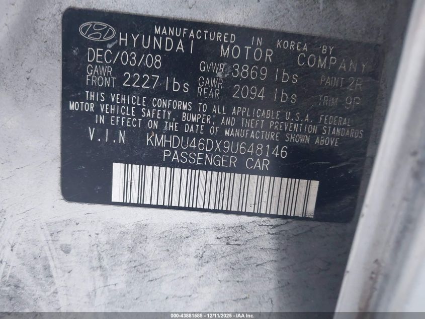 2009 Hyundai Elantra Se VIN: KMHDU46DX9U648146 Lot: 43881585