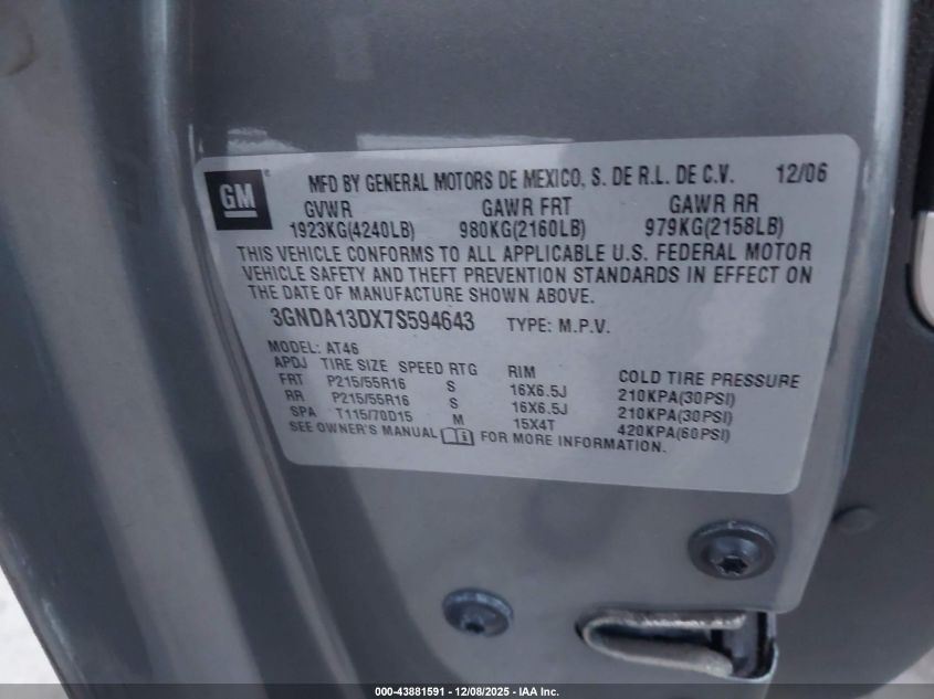 2007 Chevrolet Hhr Ls VIN: 3GNDA13DX7S594643 Lot: 43881591