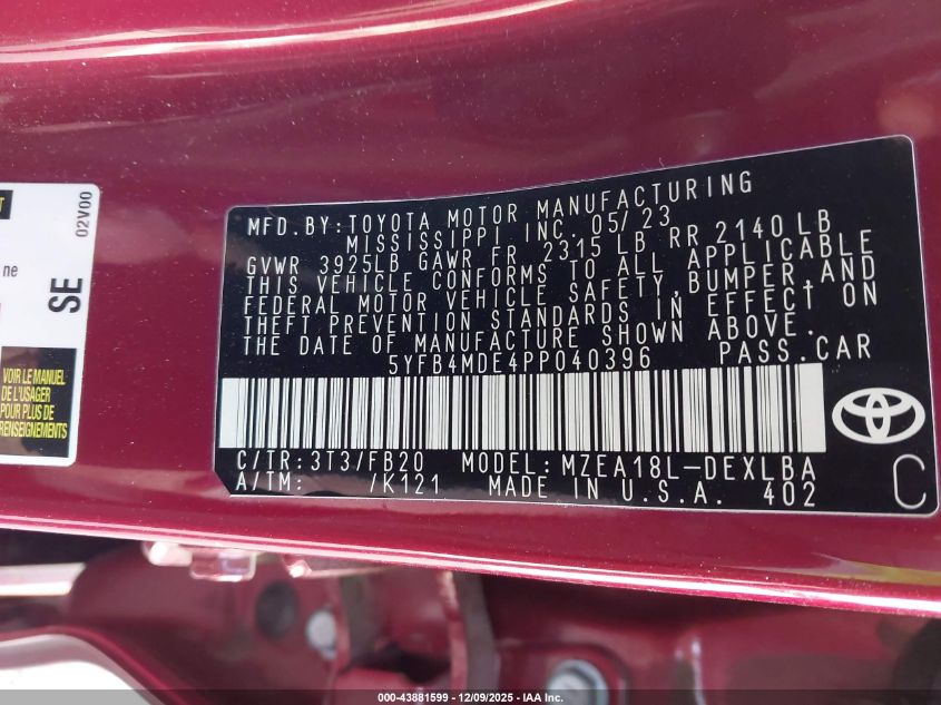 2023 Toyota Corolla Le VIN: 5YFB4MDE4PP040396 Lot: 43881599
