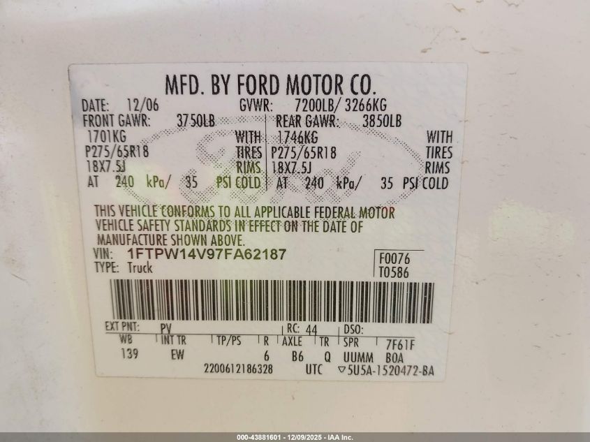 2007 Ford F-150 Fx4/Lariat/Xlt VIN: 1FTPW14V97FA62187 Lot: 43881601