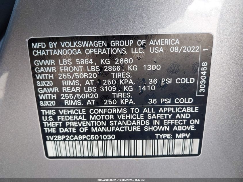 2023 Volkswagen Atlas 2.0T Sel VIN: 1V2BP2CA9PC501030 Lot: 43881602