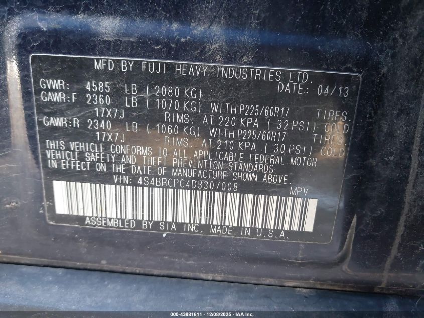 2013 Subaru Outback 2.5I Limited VIN: 4S4BRCPC4D3307008 Lot: 43881611