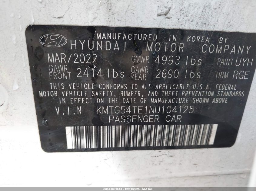 2022 Genesis G70 3.3T Awd VIN: KMTG54TE1NU104125 Lot: 43881613
