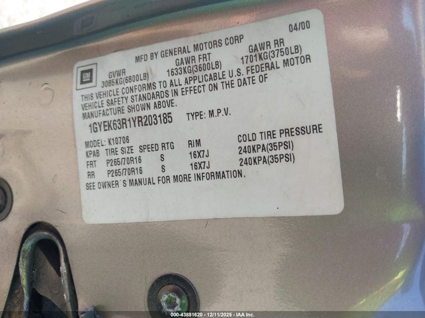 2000 Cadillac Escalade Standard VIN: 1GYEK63R1YR203185 Lot: 43881620