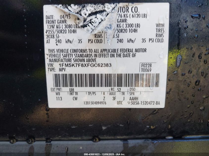 2015 Ford Explorer Limited VIN: 1FM5K7F8XFGC62383 Lot: 43881623