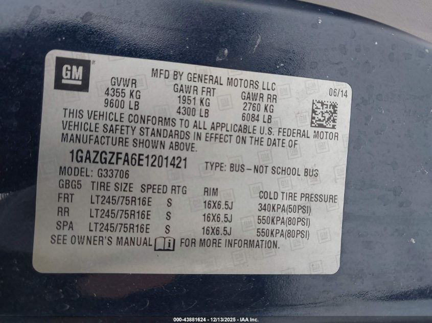 2014 Chevrolet Express 3500 Ls VIN: 1GAZGZFA6E1201421 Lot: 43881624