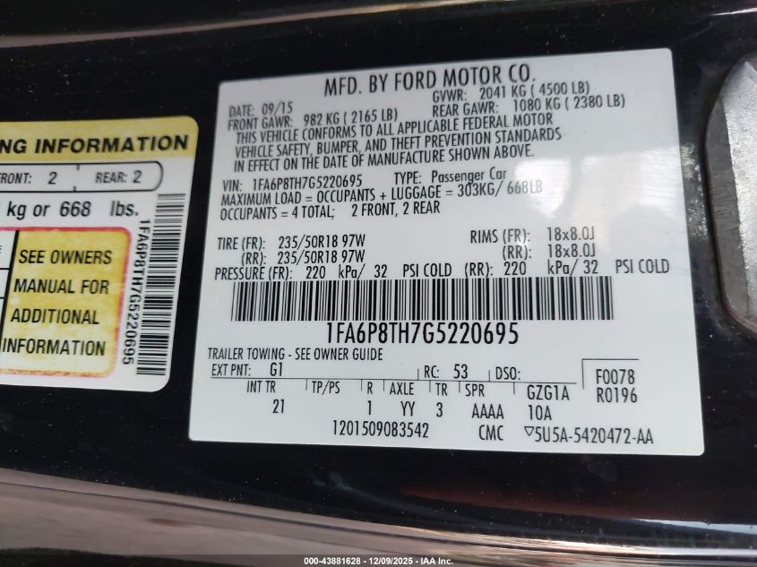 2016 Ford Mustang Ecoboost VIN: 1FA6P8TH7G5220695 Lot: 43881628