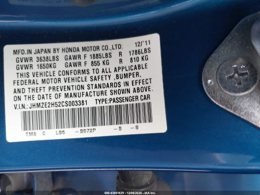 2012 Honda Insight Lx VIN: JHMZE2H52CS003381 Lot: 43881629