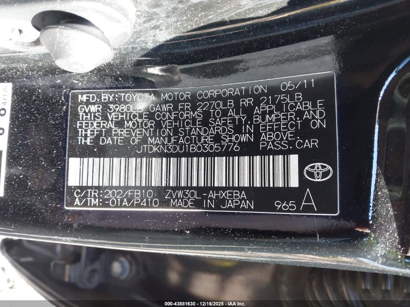 2011 Toyota Prius Three VIN: JTDKN3DU1B0305776 Lot: 43881630